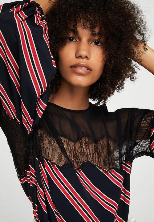 MANGO - Striped Lace Blouse Black