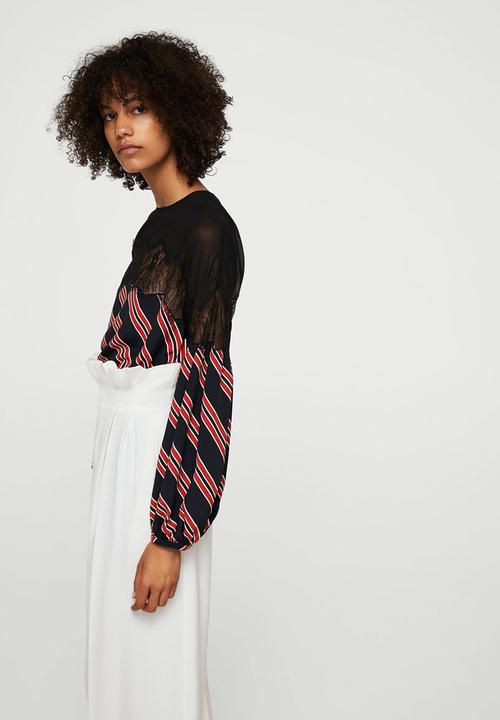 MANGO - Striped Lace Blouse Black