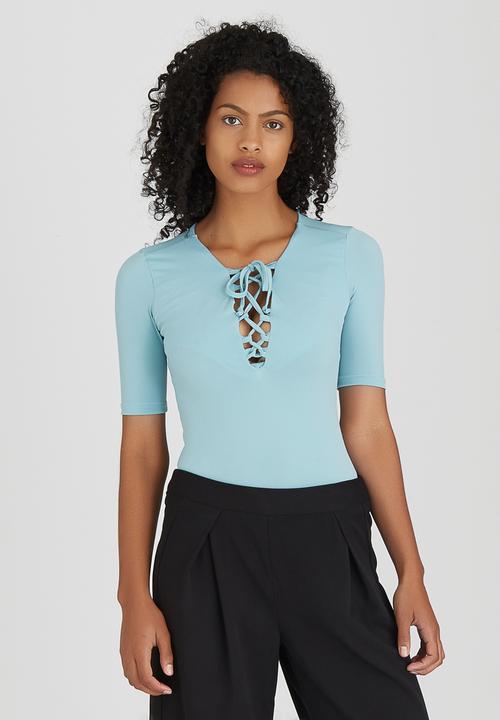 STYLE REPUBLIC - Lace-up Bodysuit Pale Blue