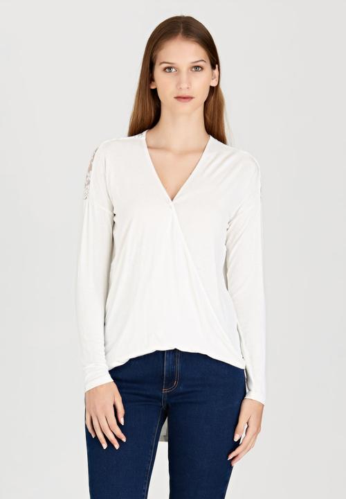 edit - Front Wrap-over Top with Lace Insets Milk