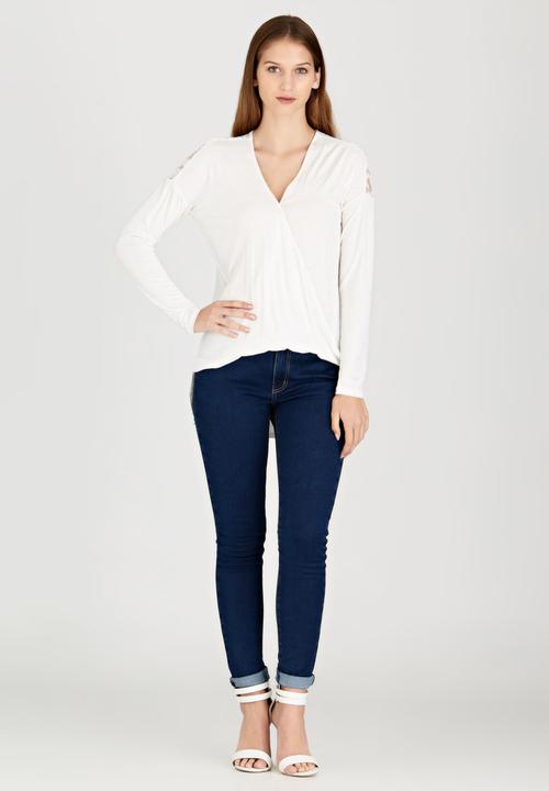 edit - Front Wrap-over Top with Lace Insets Milk