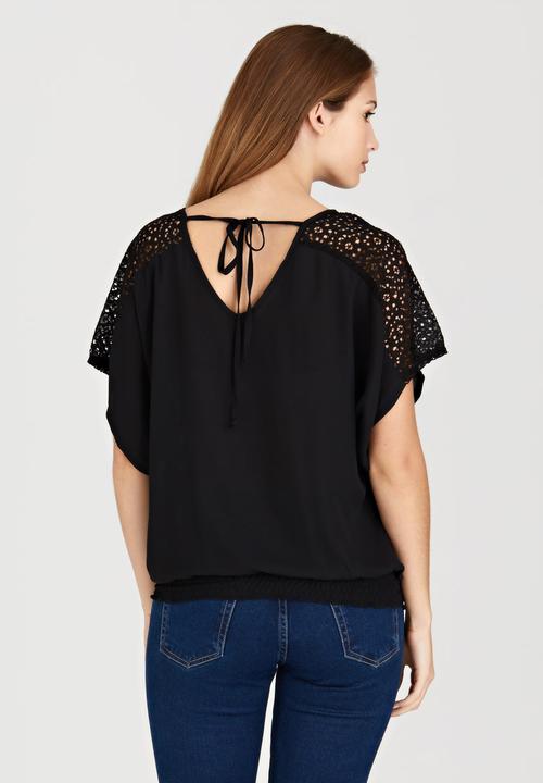 edit - Tie-back Top with Lace Insets Black