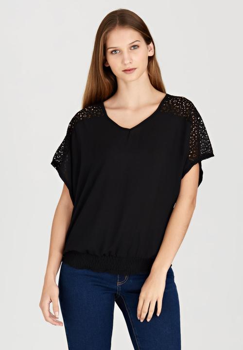 edit - Tie-back Top with Lace Insets Black