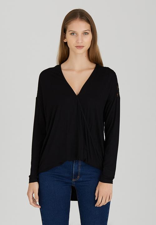 edit - Front Wrap-over Top with Lace Insets Black