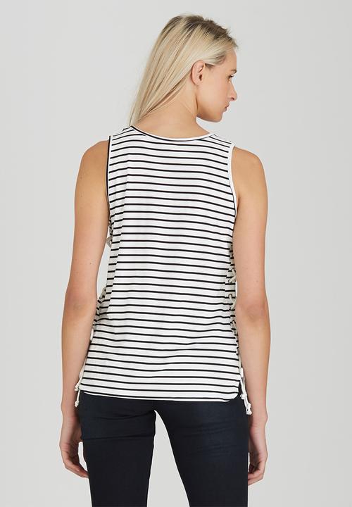Brave Soul - Striped Tee with Tie Side Detail Black and White
