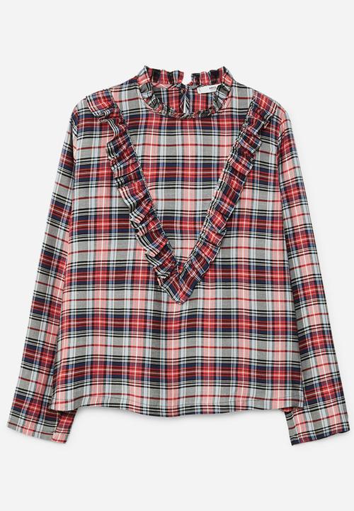 MANGO - Check Pattern Ruffled Blouse Red