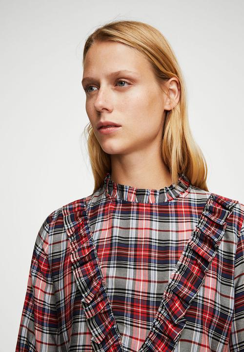 MANGO - Check Pattern Ruffled Blouse Red