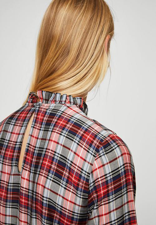 MANGO - Check Pattern Ruffled Blouse Red