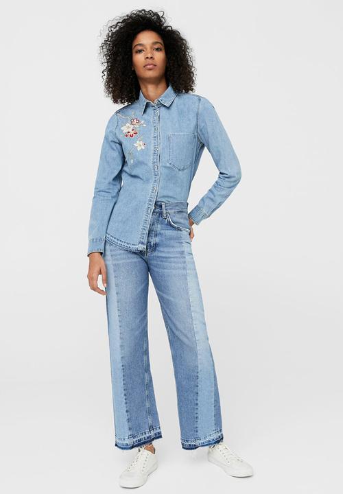 MANGO - Embroidered Denim Shirt Pale Blue