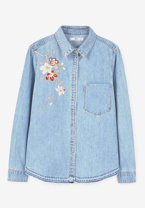 MANGO - Embroidered Denim Shirt Pale Blue