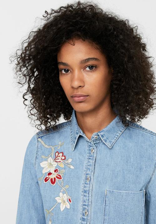 MANGO - Embroidered Denim Shirt Pale Blue