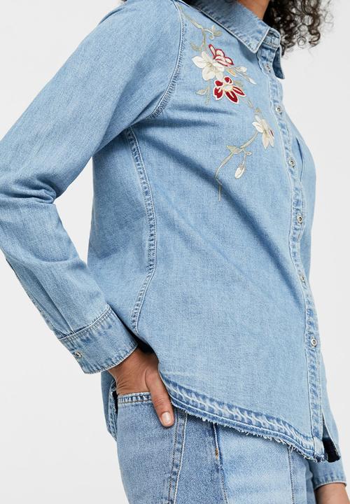 MANGO - Embroidered Denim Shirt Pale Blue