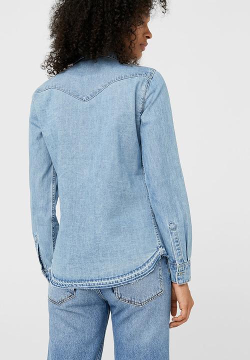 MANGO - Embroidered Denim Shirt Pale Blue