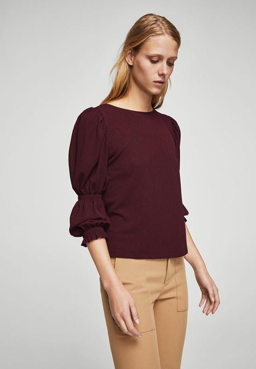 MANGO - Ruched Detail T-shirt Maroon