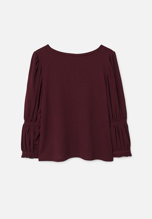 MANGO - Ruched Detail T-shirt Maroon
