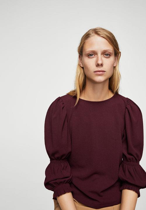 MANGO - Ruched Detail T-shirt Maroon