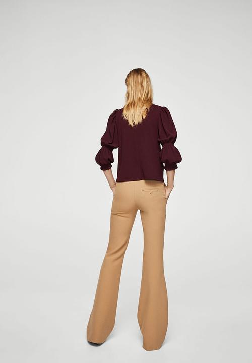 MANGO - Ruched Detail T-shirt Maroon