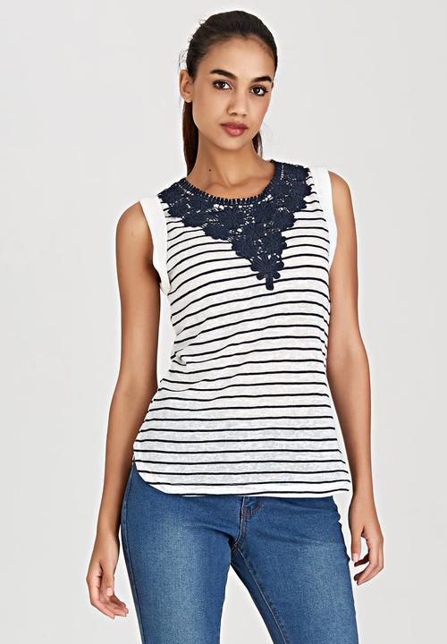 Brave Soul - Stripe Vest with Crochet Panel Blue and White