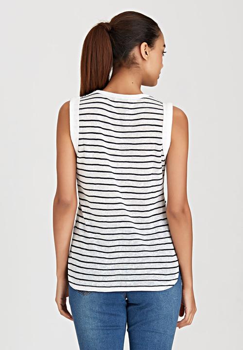 Brave Soul - Stripe Vest with Crochet Panel Blue and White