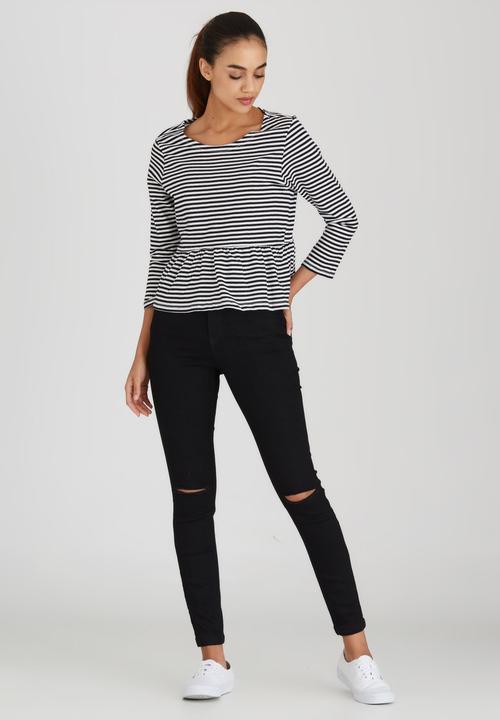 Brave Soul - Stripe Peplum Top Black and White