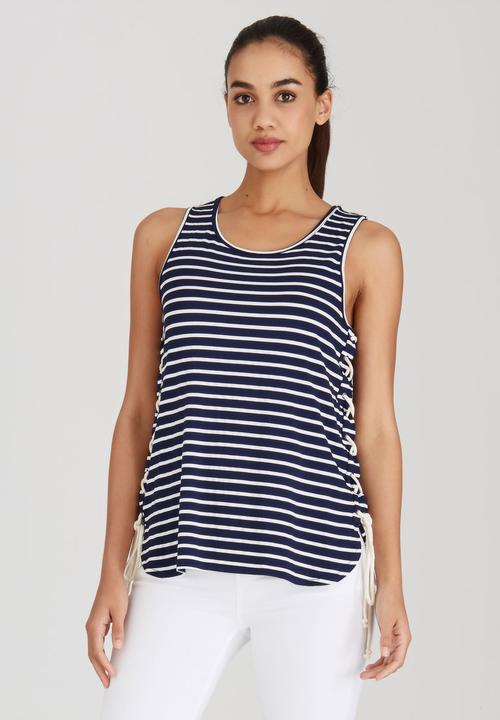 Brave Soul - Striped Tee with Tie Side Detail Blue and White