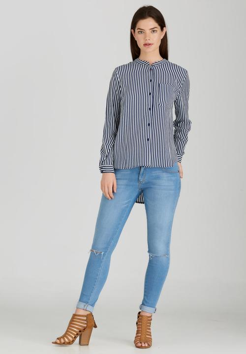 Brave Soul - Mandarin Collar Stripe Shirt Navy