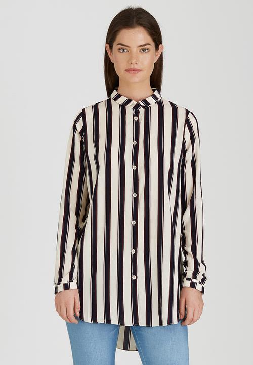 Brave Soul - Longer Length Broad Stripe Shirt Navy
