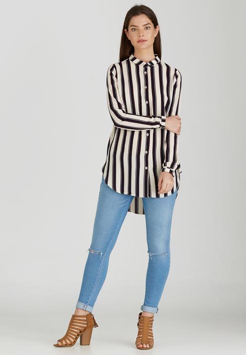 Brave Soul - Longer Length Broad Stripe Shirt Navy