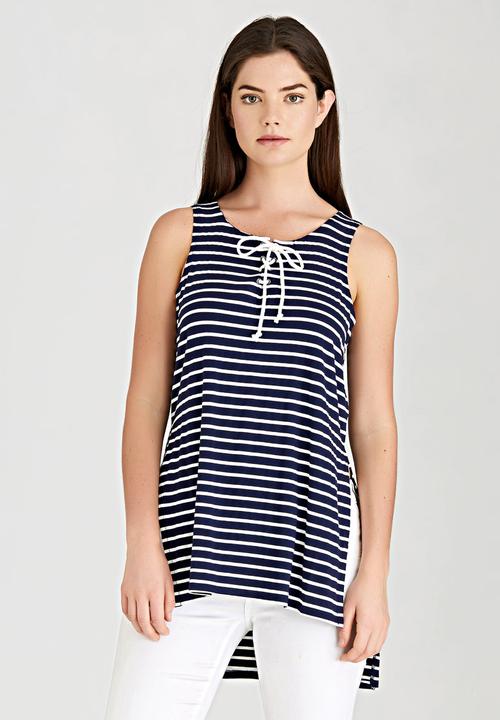 Brave Soul - Longline Striped Tank Blue and White