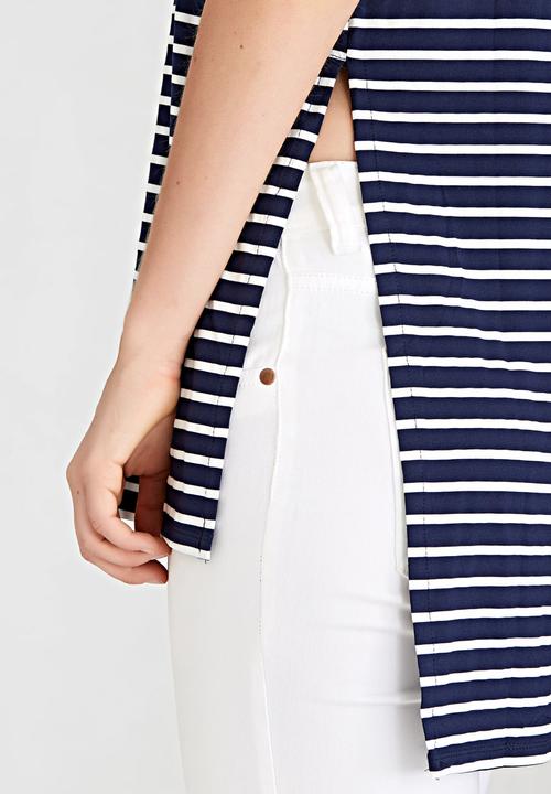 Brave Soul - Longline Striped Tank Blue and White