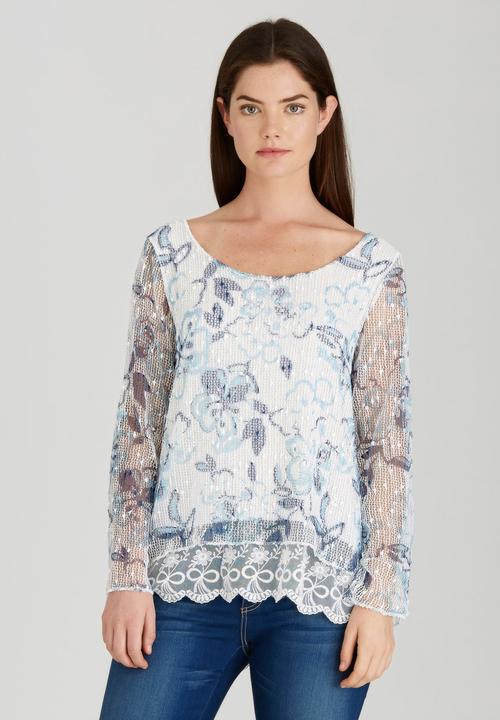 Revenge - Lace Trim Floral Top Blue and White