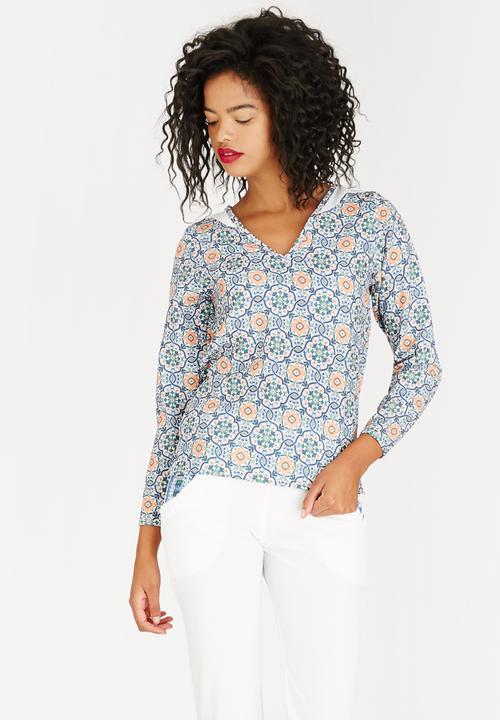 African Style Story - Printed Top with Shoulder Detail Mid Blue