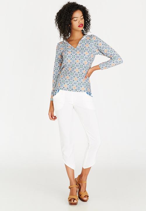 African Style Story - Printed Top with Shoulder Detail Mid Blue