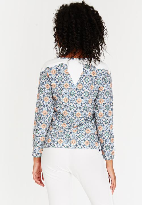 African Style Story - Printed Top with Shoulder Detail Mid Blue