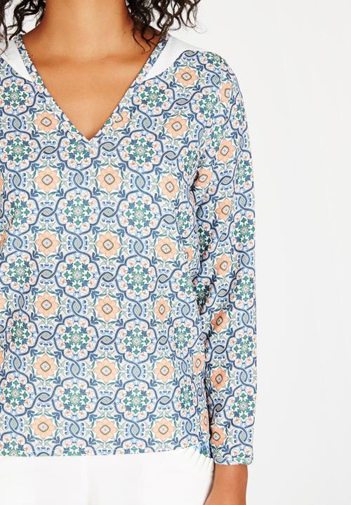 African Style Story - Printed Top with Shoulder Detail Mid Blue