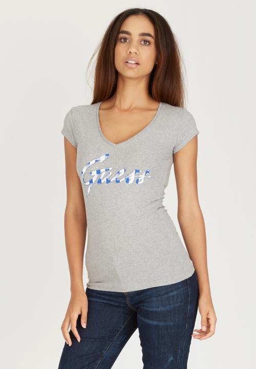 GUESS - V-neck Gingham Bling Tee Pale Grey