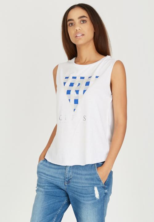 GUESS - Gingham Triangle Muscle Top White