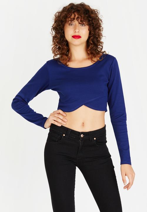 Brave Soul - Long Sleeve Wrap Detail Crop Top Navy