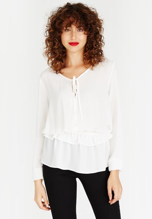 Brave Soul - Peplum Hem Peasant Blouse Cream