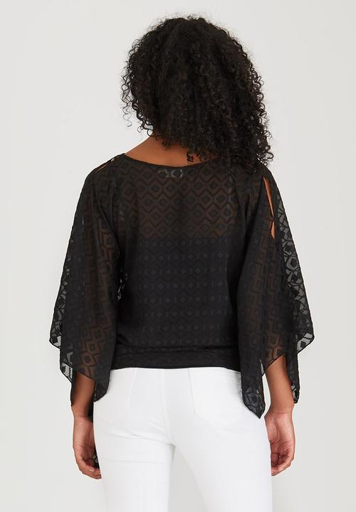 edit - Slit Sleeve Blouse with Front Ties Black