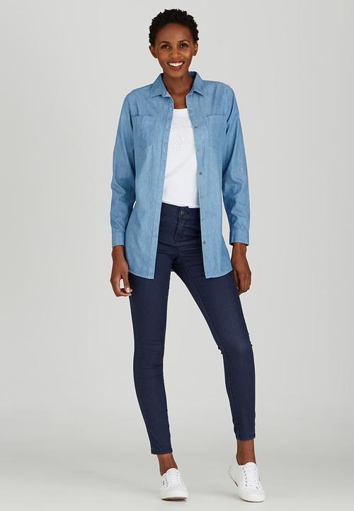 JEEP - Roll-up Sleeve Denim Shirt Mid Blue