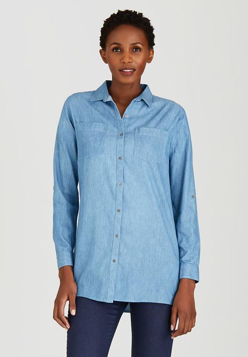 JEEP - Roll-up Sleeve Denim Shirt Mid Blue