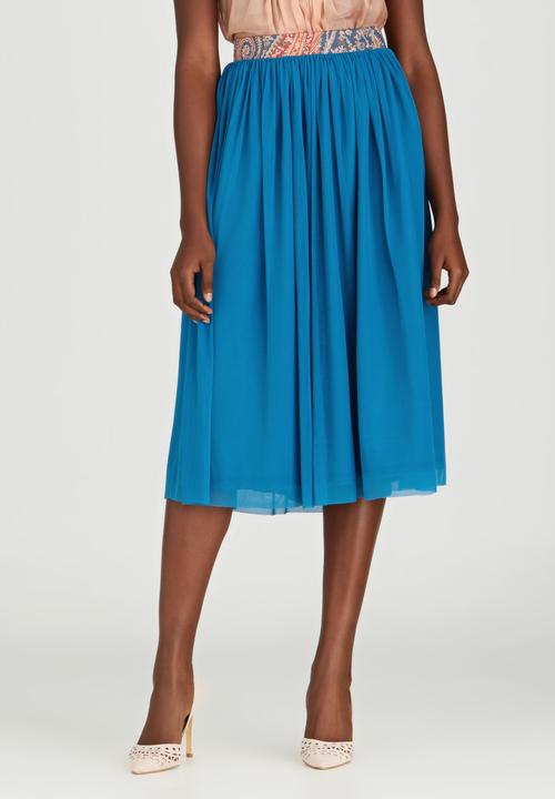 Sober - Mesh Midi Popskirt with Printed Band Mid Blue