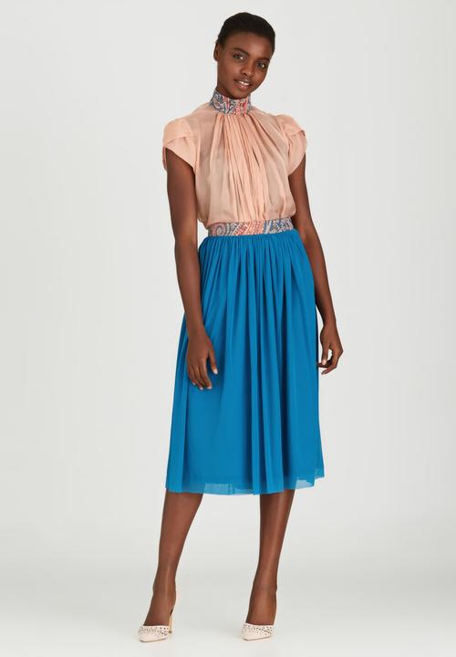 Sober - Mesh Midi Popskirt with Printed Band Mid Blue