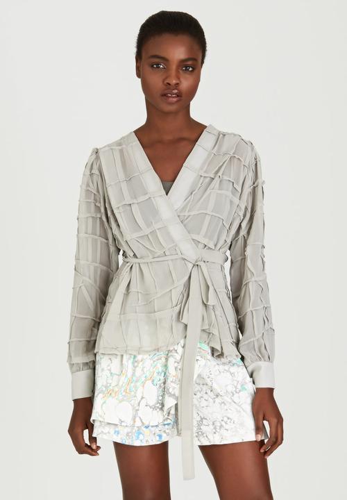 Judith Atelier - Pleated Manipulated Chiffon Wrap Blouse Grey