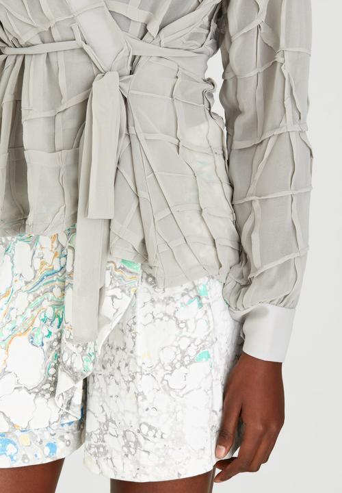 Judith Atelier - Pleated Manipulated Chiffon Wrap Blouse Grey