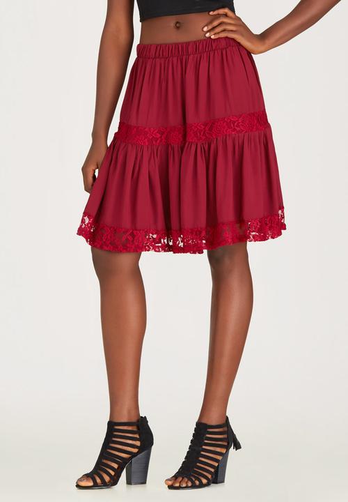 c(inch) - Lace Inset Midi Skirt Dark Red