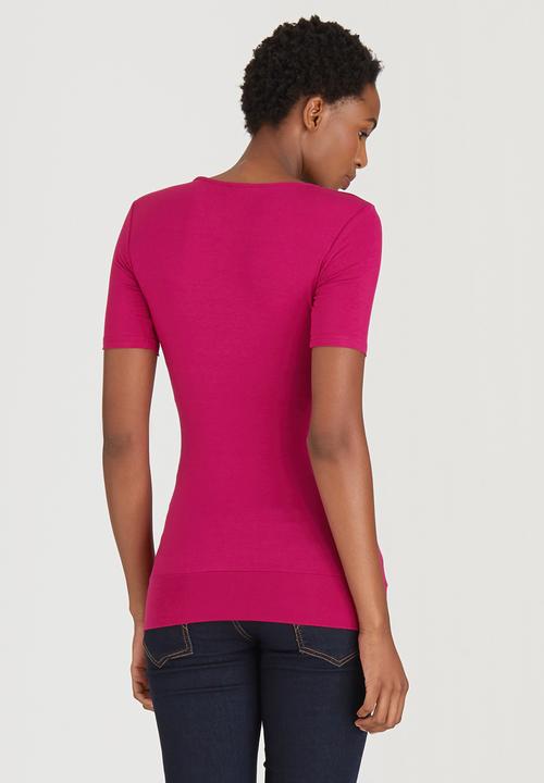 Cherry Melon - Short Sleeve Gauged Wrap Top Mid Pink