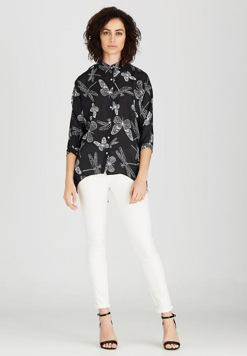 Revenge - Dragonfly & Butterfly Print Shirt Black and White