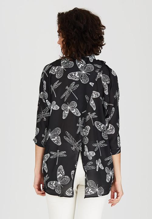 Revenge - Dragonfly & Butterfly Print Shirt Black and White